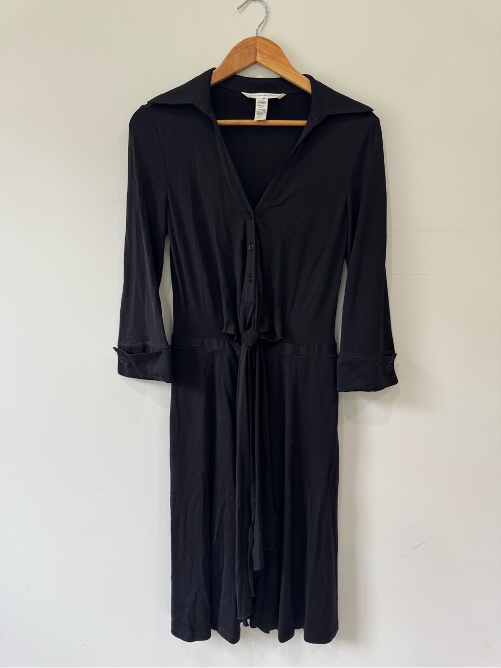 Diane von Furstenberg Black Silk Blend Tie Waist Shirt Dress Women’s Size 6